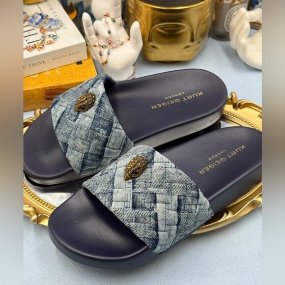 🆕 KURT GEIGER LONDON 🧿 NWOB Blue Denim Meena Eagle Slides, Sz EU 38 US 7.5 - Picture 9 of 12